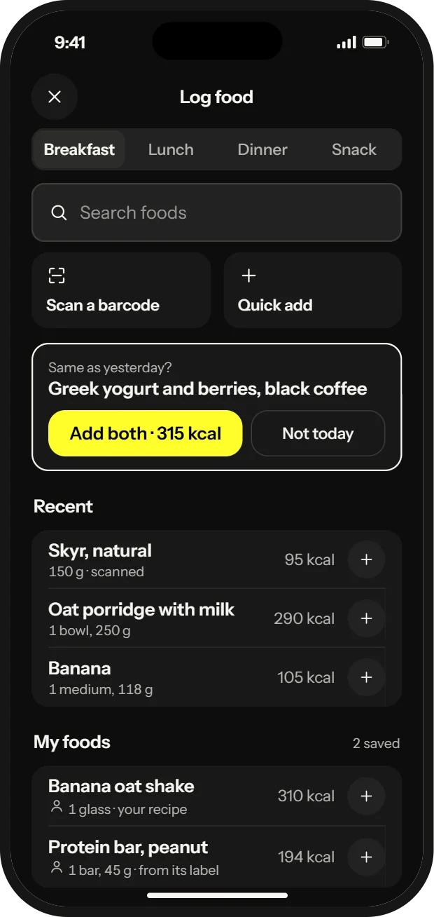 Log food in 01: search, scan a barcode or quick add, Same as yesterday, recent foods and your own foods.
