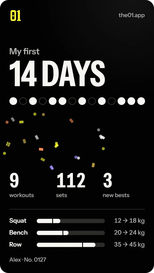 Poster for the first 14 days: 14 DAYS, the days trained as dots, 9 workouts, 112 sets, 3 new bests and strength bars.
