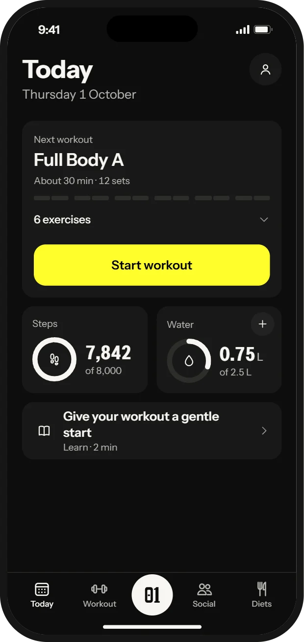 Today in 01: the next workout, Full Body A, with Start workout, steps and water.