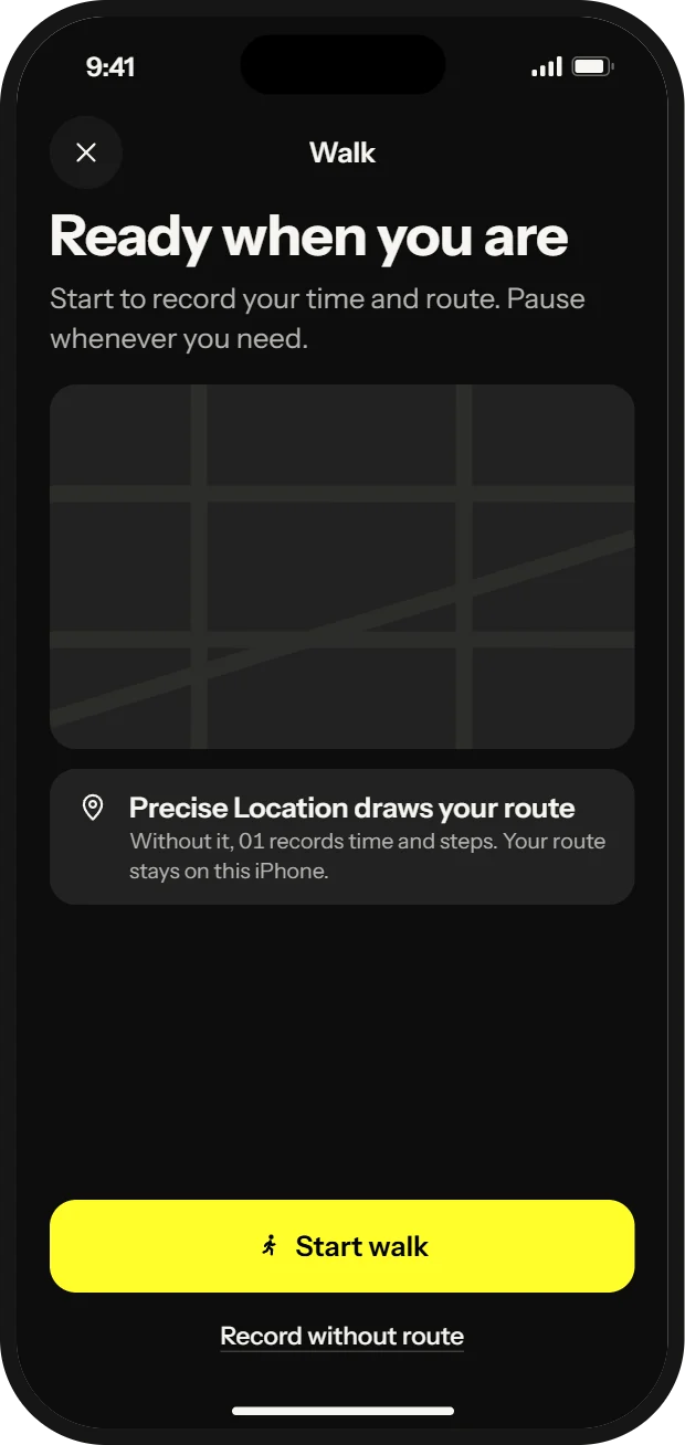 Ready when you are: Start walk, and a note that Precise Location draws your route.